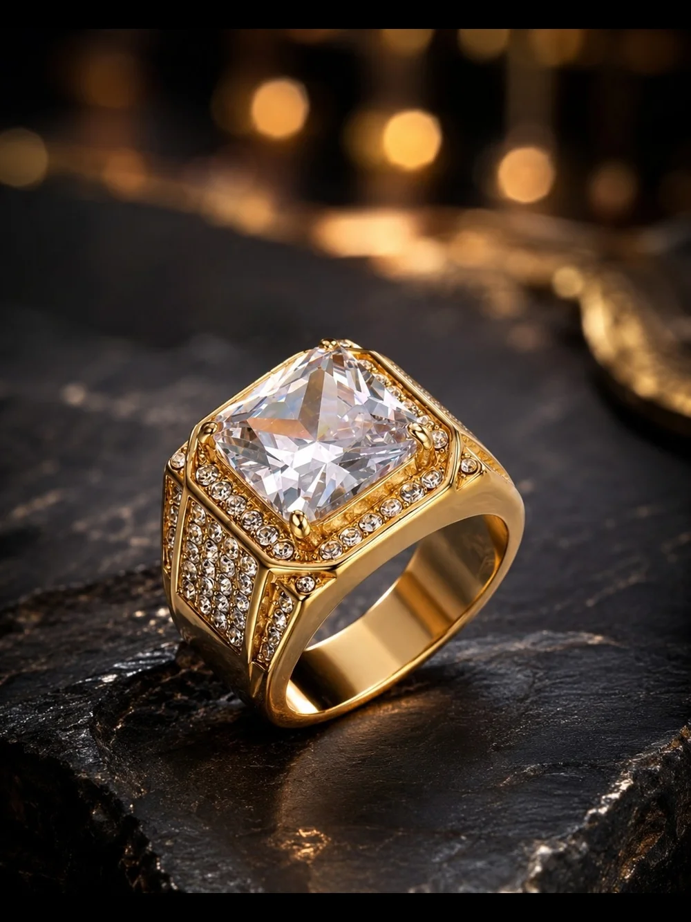 Men's Size 8 Gold Tone Iced CZ Ring Square Cut Pave Hip Hop Bling